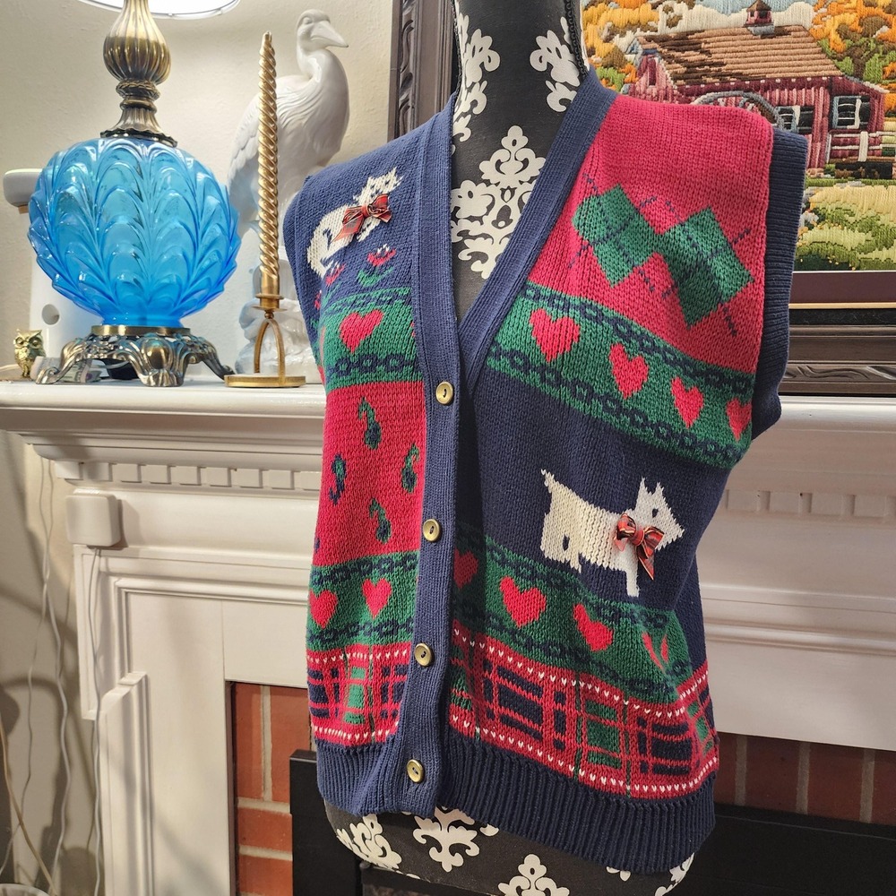 S Vintage Animal Lover Argyle Vest with Cat, Dog Navy Blue, Green and Red
